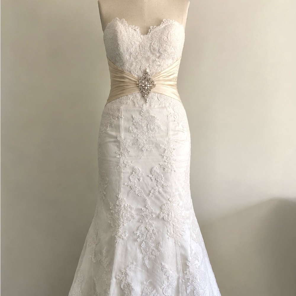 Simone Carvalli Strapless Lace Mermaid Wedding Dress with Champagne Sash